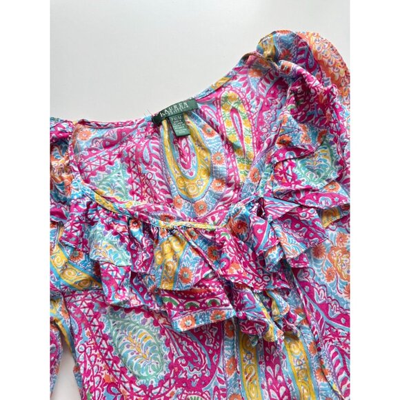 LAUREN RALPH LAUREN Pink Paisley Cotton Voile V-Neck Ruffle Blouse, Size M - Picture 8 of 16